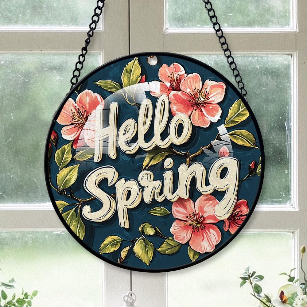 Personalized Hello Spring Suncatcher Stained Glass, Hello Spring ...