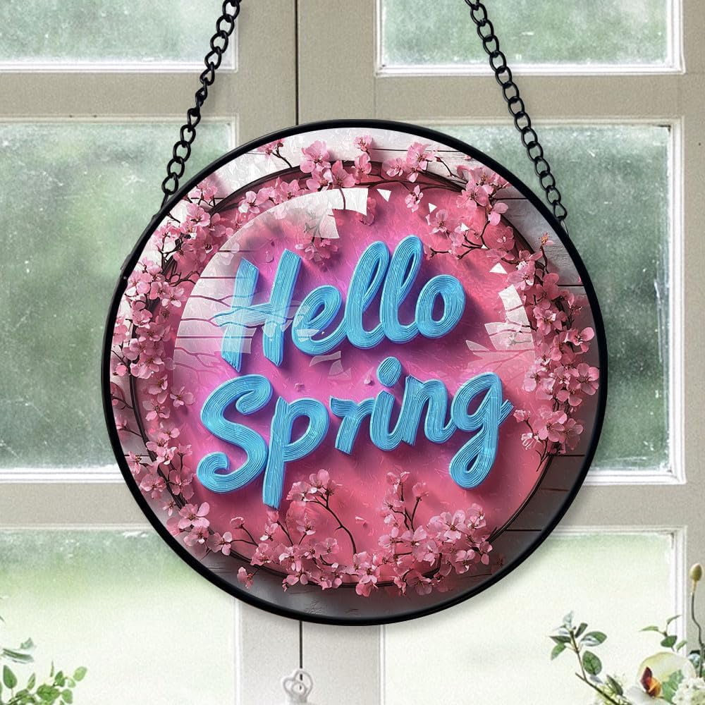 Personalized Hello Spring Suncatcher Stained Glass, Hello Spring ...