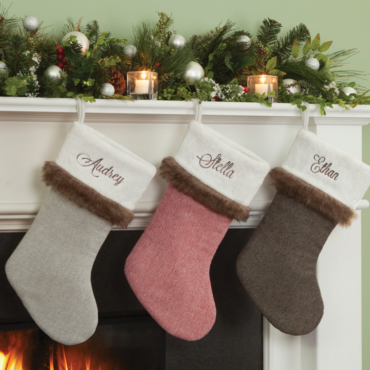 Personalized Herringbone Christmas Stocking With Fur Trim