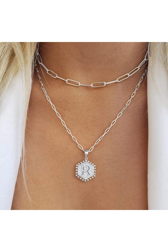 Personalized Hexagon Initial Necklace for Women Silver Plated Letter Jewelry Gift