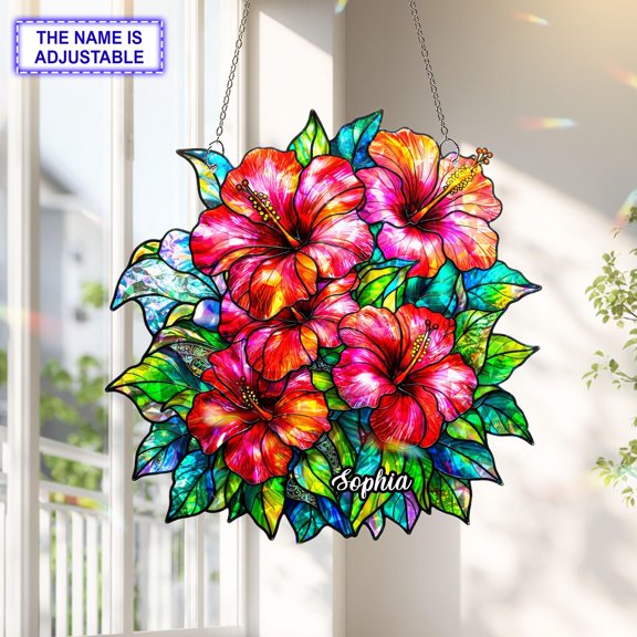 Personalized Hibiscus Flower Acrylic Suncatcher, Custom Name Holographic Window Hanging Decor, Garden and Nature Lover Gift