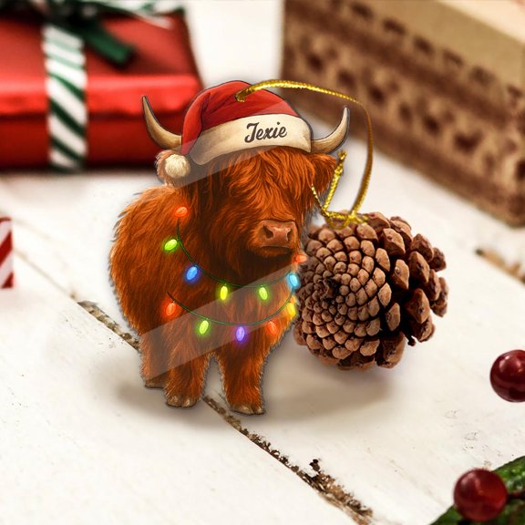 Personalized Highland Cow Acrylic Christmas Ornament Custom Name Farmhouse Holiday Tree Decor, Rustic Cattle Lover Home Keepsake