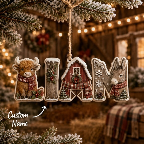 Personalized Highland Cow Donkey Christmas Name Ornament