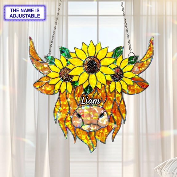 Personalized Highland Cow Sunflower Acrylic Suncatcher, Custom Name 2D Flat Window Hanging Decor, Farmhouse Animal Lover Gift