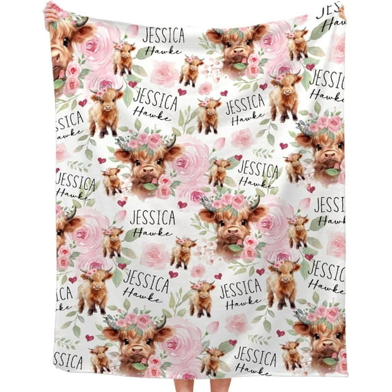 Personalized Highland Cows Blanket Gifts Custom Blanket with Name Super Soft Lightweight Flannel Blankets Throw for Baby Kids Adult, Suitable for Couch Sofa Bed All Seasons 50"x60" for Teen