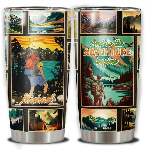 Personalized Hiking Tumbler 20oz 30oz Custom Name Insulated Drinking Cup With Lid Travel Coffee Mug Stainless Steel For Camping Lover Hiker Men Him Dad Papa On Birthday
