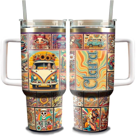 Personalized Hippie Car 40oz Tumbler with Handle and Straw Lid Vintage Style Custom Name Insulated Drinking Cup Stainless Steel Travel Mug Gifts For Girls 1970s 1960s Retro Water Bottle