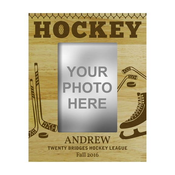 Personalized Hockey Theme Engraved Wood Picture Frame With Name - 4 x 6 Inches Horizontal Customizable Gift