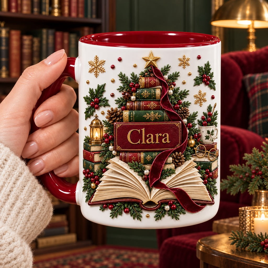 Personalized Holiday Book Stack Burgundy Ceramic Coffee Mug Reader Gift ...