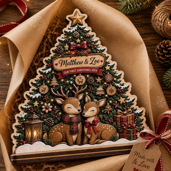 Personalized Home Wooden Block Woodland Deer Christmas Tree Wooden Tabletop Display for Couples
