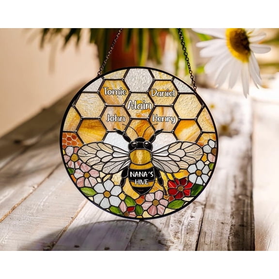 Personalized Honeycomb Bee Stained Glass Suncatcher, Custom Kids Name Window Hanging, Garden Lover Gift for Grandma or Mom
