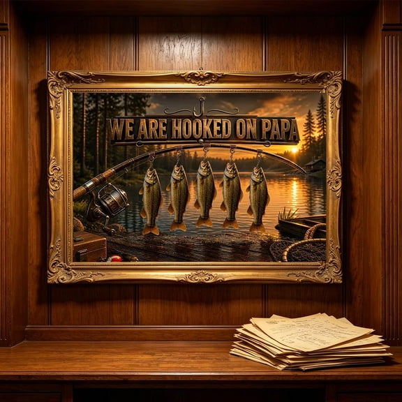 Personalized We Are Hooked On Papa Fishing Rod Pole Hook Poster Canvas - Present for Fathers Day, Fisherman Birthday Gift Husband Wall Art, Home Decor(No Frame)