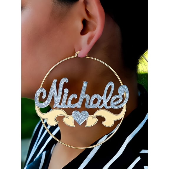 Personalized Hoop Name Earrings with Beading and Rhodium and Tail