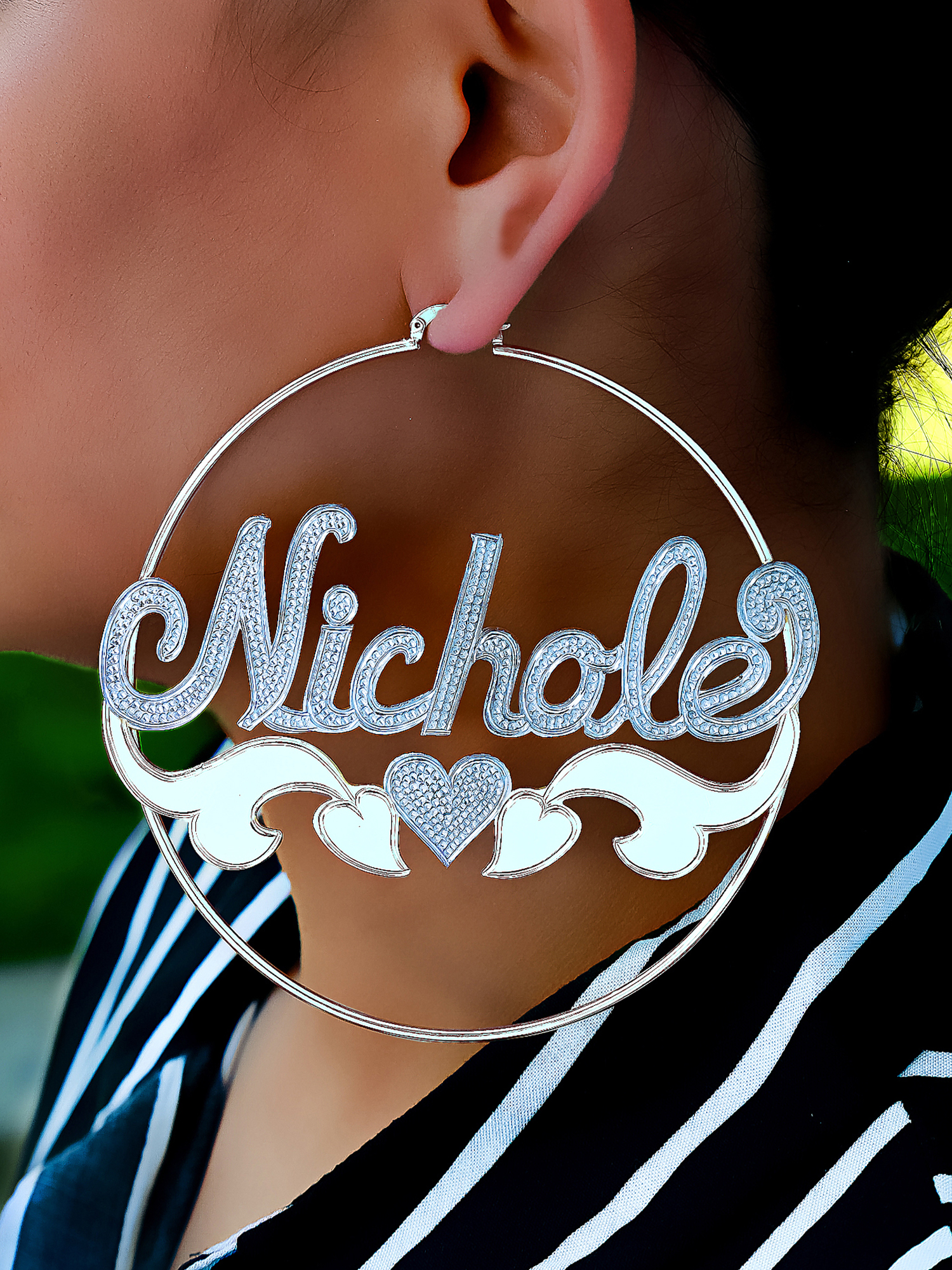 Personalized Hoop Name Earrings with Beading and Rhodium and Tail