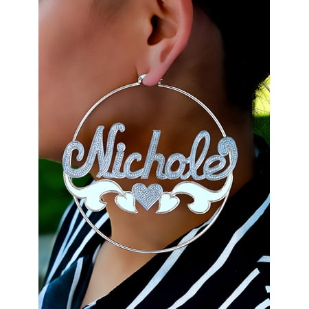 Personalized Hoop Name Earrings with Beading and Rhodium and Tail