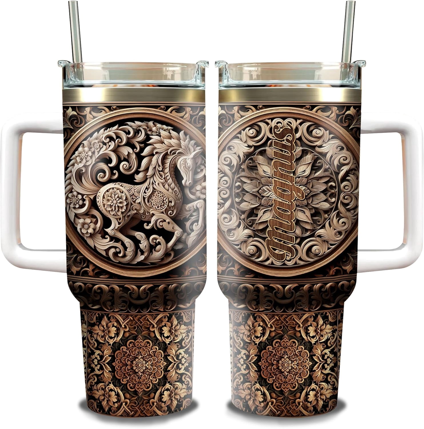 Personalized Horse Tumbler 40oz with Handle and Straw Custom Name Wooden Drawings Vacuum Tumblers Stainless Steel Travel Mug Equestrian Gifts Birthday Christmas for Men Women Animal Lover