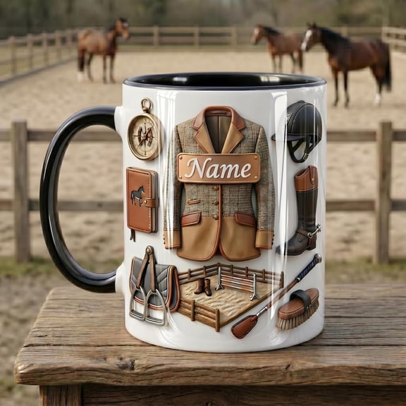 Personalized Horseback Riding Mug, Horse Lover Gift Idea, Custom Name Riding Mug, Faux 3D Effect Mug