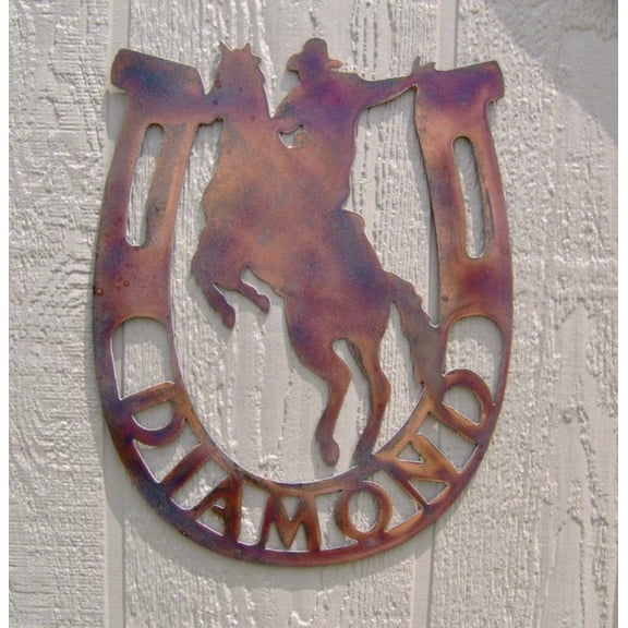 Personalized Horseshoe Bucking Horse & Cowboy Barn Stall Stable Metal Art Sign