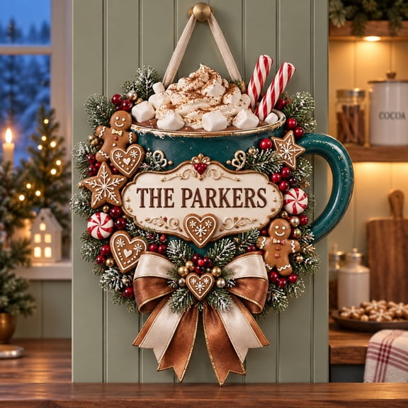 Personalized Hot Cocoa Gingerbread Wreath Wooden Sign Christmas Decor