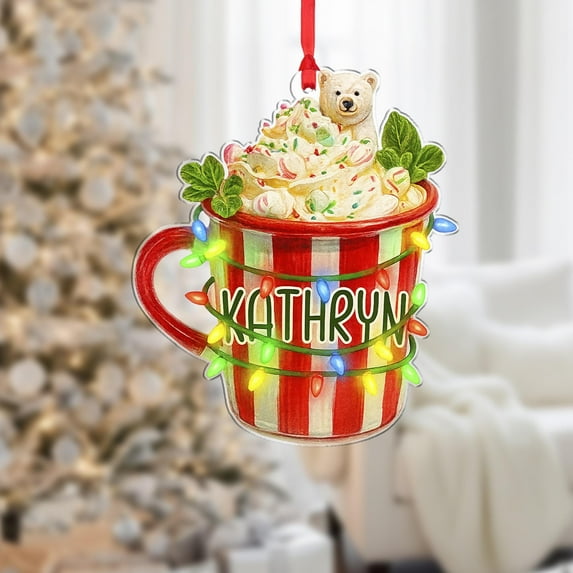 Personalized Hot Cocoa Mug Acrylic Christmas Ornament 2025 with Lights Polar Bear Winter Cup Holiday Tree Decor, Cozy Seasonal Home Keepsake