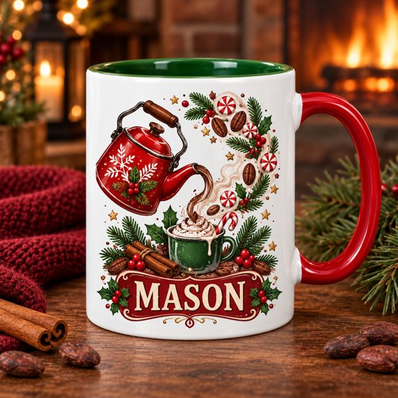 Personalized Hot Cocoa Mug, Red Green Christmas Gift