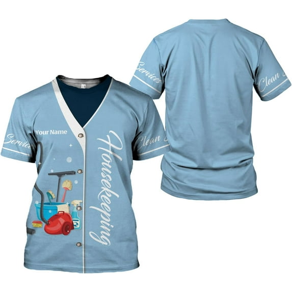 Personalized Housekeeping Shirts, Custom Cleaning Uniforms for Women 3D Cleaning Service Gifts Housekeeper Shirt Clean Lady (Blue, 3XL)