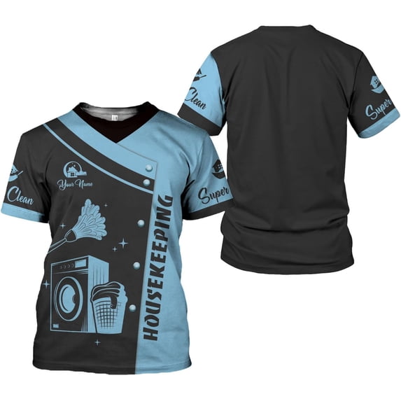 Personalized Housekeeping Shirts, Custom Cleaning Uniforms for Women 3D Cleaning Service Gifts Housekeeper Shirt Clean Lady (Blue, 5XL)