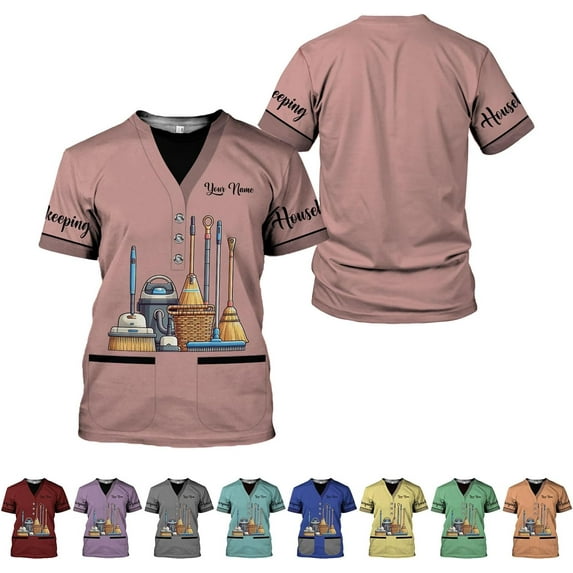 Personalized Housekeeping Shirts, Custom Cleaning Uniforms for Women 3D Cleaning Service Gifts Housekeeper Shirt Clean Lady (Pink, L)