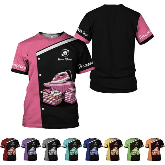 Personalized Housekeeping Shirts, Custom Cleaning Uniforms for Women 3D Cleaning Service Gifts Housekeeper Shirt Clean Lady (Pink, L)