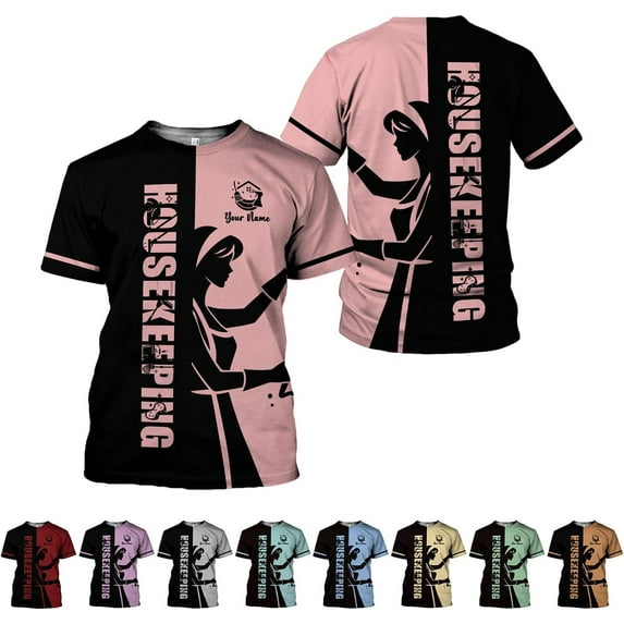 Personalized Housekeeping Shirts, Custom Cleaning Uniforms for Women 3D Cleaning Service Gifts Housekeeper Shirt Clean Lady (Pink, S)