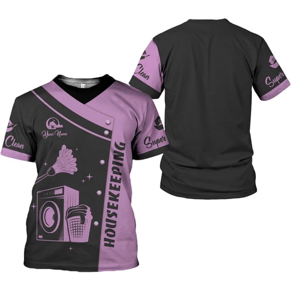 Personalized Housekeeping Shirts, Custom Cleaning Uniforms for Women 3D Cleaning Service Gifts Housekeeper Shirt Clean Lady (Purple, M)