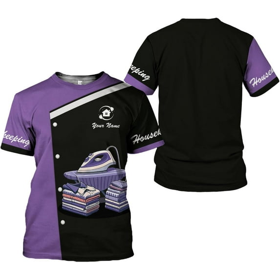 Personalized Housekeeping Shirts, Custom Cleaning Uniforms for Women 3D Cleaning Service Gifts Housekeeper Shirt Clean Lady (Purple, S)