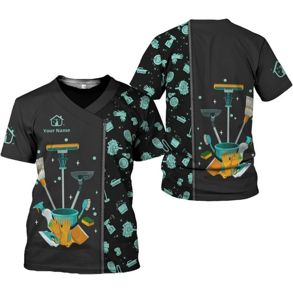 Personalized Housekeeping Shirts, Custom Cleaning Uniforms for Women 3D Cleaning Service Gifts Housekeeper Shirt Clean Lady (Teal, 2XL)