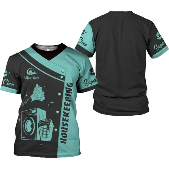 Personalized Housekeeping Shirts, Custom Cleaning Uniforms for Women 3D Cleaning Service Gifts Housekeeper Shirt Clean Lady (Teal, 2XL)