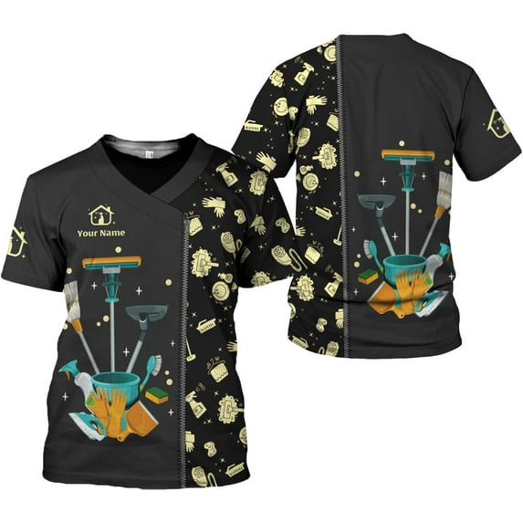 Personalized Housekeeping Shirts, Custom Cleaning Uniforms for Women 3D Cleaning Service Gifts Housekeeper Shirt Clean Lady (Yellow, S)