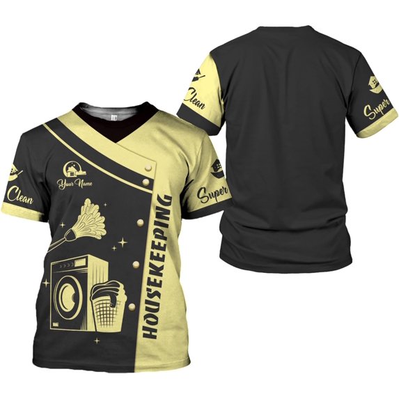 Personalized Housekeeping Shirts, Custom Cleaning Uniforms for Women 3D Cleaning Service Gifts Housekeeper Shirt Clean Lady (Yellow, S)