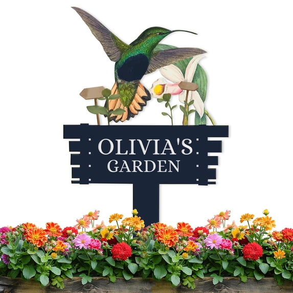 Personalized Humming Bird Flowers Garden Sign, Custom Metal Garden Signs for Outside, Custom Colorful Bird Garden Decor Art Yard Signs with Stakes, Custom Metal Name Sign Gift for Gardeners(10inches)