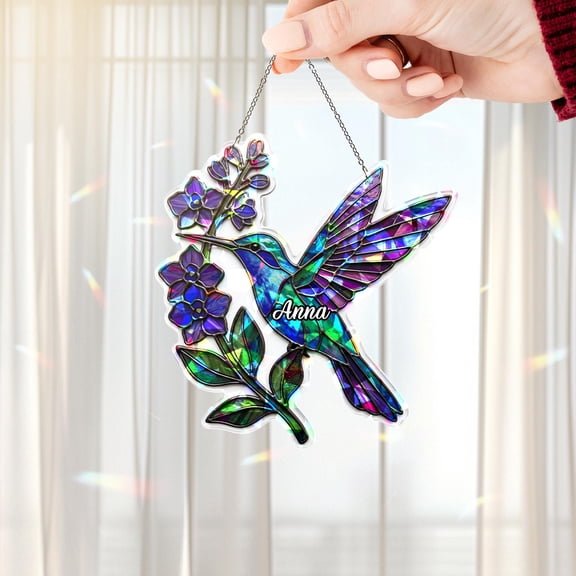Personalized Hummingbird Acrylic Suncatcher, Custom Name Holographic Window Hanging Decor, Bird Lover Gift