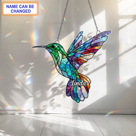 Personalized Hummingbird Acrylic Suncatcher, Custom Name Holographic Window Hanging Decor, Bird Lover Gift