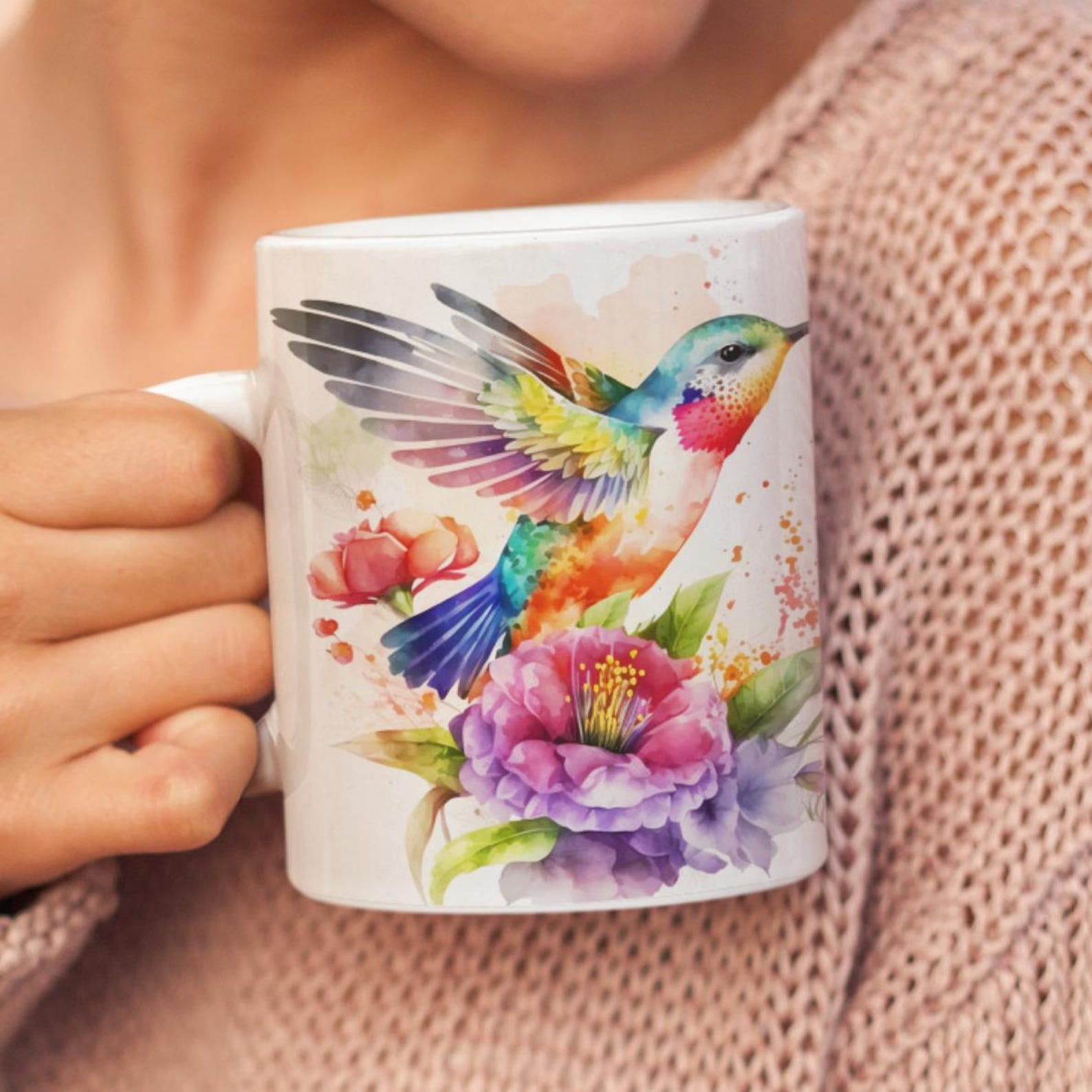 Hummingbird Coffee Mug For Women - Watercolor Design, Ceramic, Dishwasher & Microwave Safe