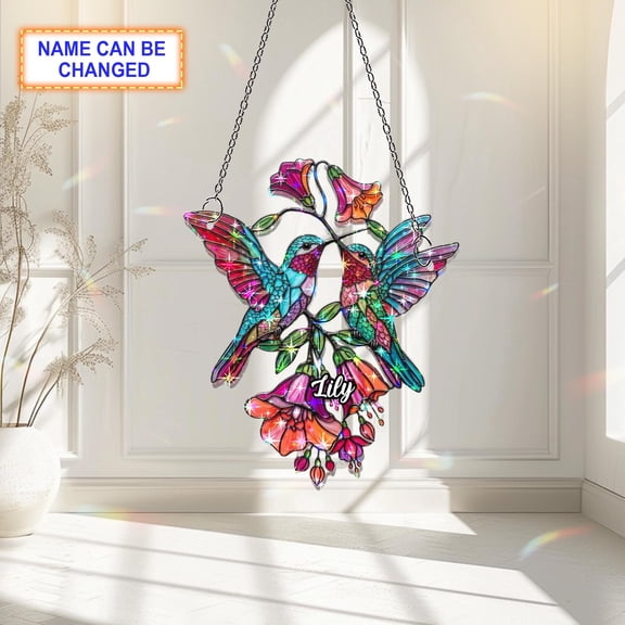 Personalized Hummingbird Couple Acrylic Suncatcher, Custom Name Holographic Window Hanging Decor, Wedding and Anniversary Gift