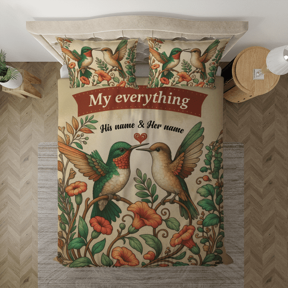 Personalized Hummingbird Couple Bedding Set – Custom Name “My Everything” Bed Set with Floral Design – Romantic Gift for Him & Her