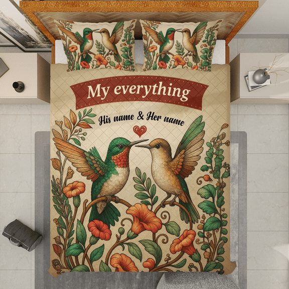 Personalized Hummingbird Couple "My Everything" Quilt Bedding Set - Custom His & Her Names - Romantic Floral Design, Anniversary, Wedding, Couples Gift