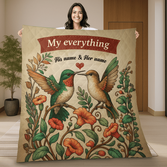 Personalized Hummingbird Couple My Everything Quilt Blanket – Couples, Wedding, Anniversary, Valentine's Day Quilt Blanket