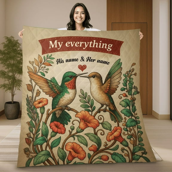 Personalized Hummingbird Couple My Everything Quilt Blanket – Custom His & Her Names, Gift for Couples, Wedding, Anniversary, Valentine's Day Quilt
