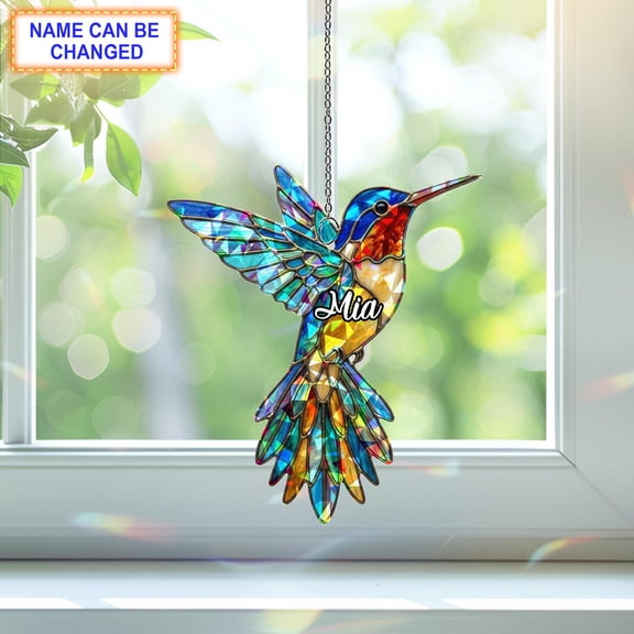 Personalized Hummingbird Flower Acrylic Suncatcher, Custom Name Faux Stained Glass Window Hanging Decor, Bird Lover Gift
