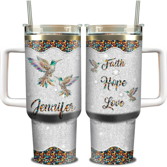 Personalized Hummingbird Tumbler 40oz with Handle and Straw Stainless Steel Custom Name Faith Hope Love Insulated Tumblers Flower Bird Jewelry Style Travel Mug Gifts For Women Christian
