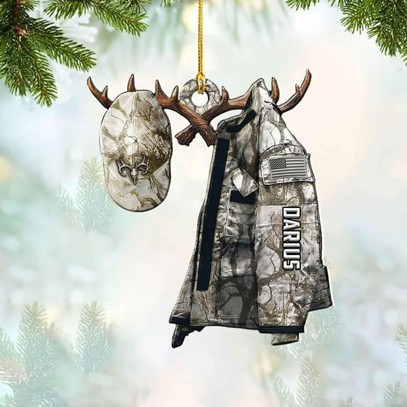 Personalized Hunting Ornament, Hunter Vest Ornament, Hunting Christmas Ornament, Hunter Christmas Ornament Hanging Tree Decor, Christmas Hunting Gifts (Hunting 4) (White)