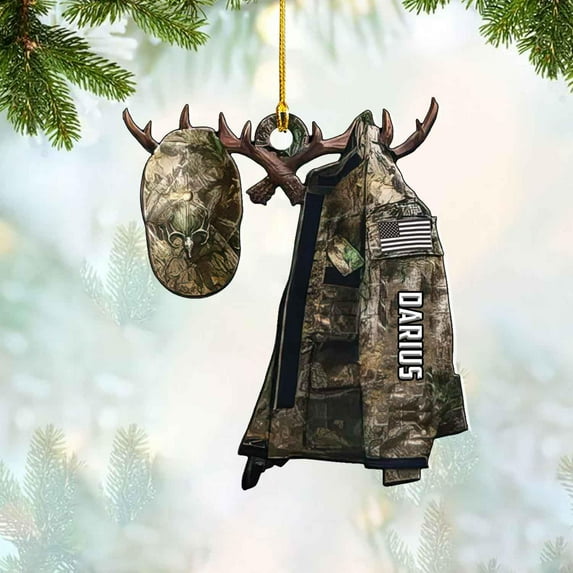 Personalized Hunting Ornament, Hunter Vest Ornament, Hunting Christmas Ornament, Hunter Christmas Ornament Hanging Tree Decor, Christmas Hunting Gifts (Hunting 4) (Grey)