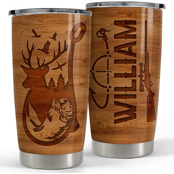 Personalized Hunting Tumbler Fishing and Hunting Love Wood Drawing 20oz Tumbler with Lid for Father Man Fishing Hunting Lover